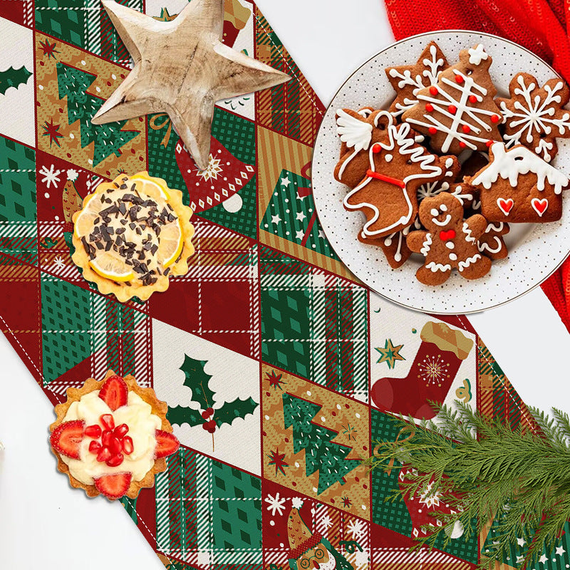 Christmas Socks Printed Table Flag Linen Plaid Printed Tablecloth Festival Party Decoration Tablecloth Tea Flag - V.I.P Digital Presence