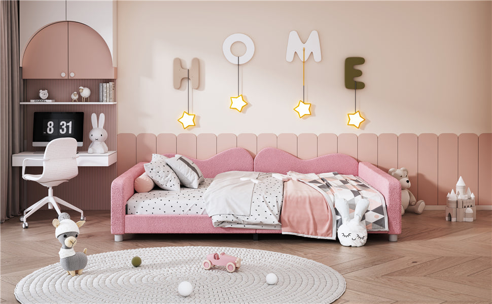 Full size Upholstered Daybed, Sherpa Fabric Sofabed with Cloud-Shaped Backrest, No Box-spring Needed, Pink - V.I.P Digital Presence