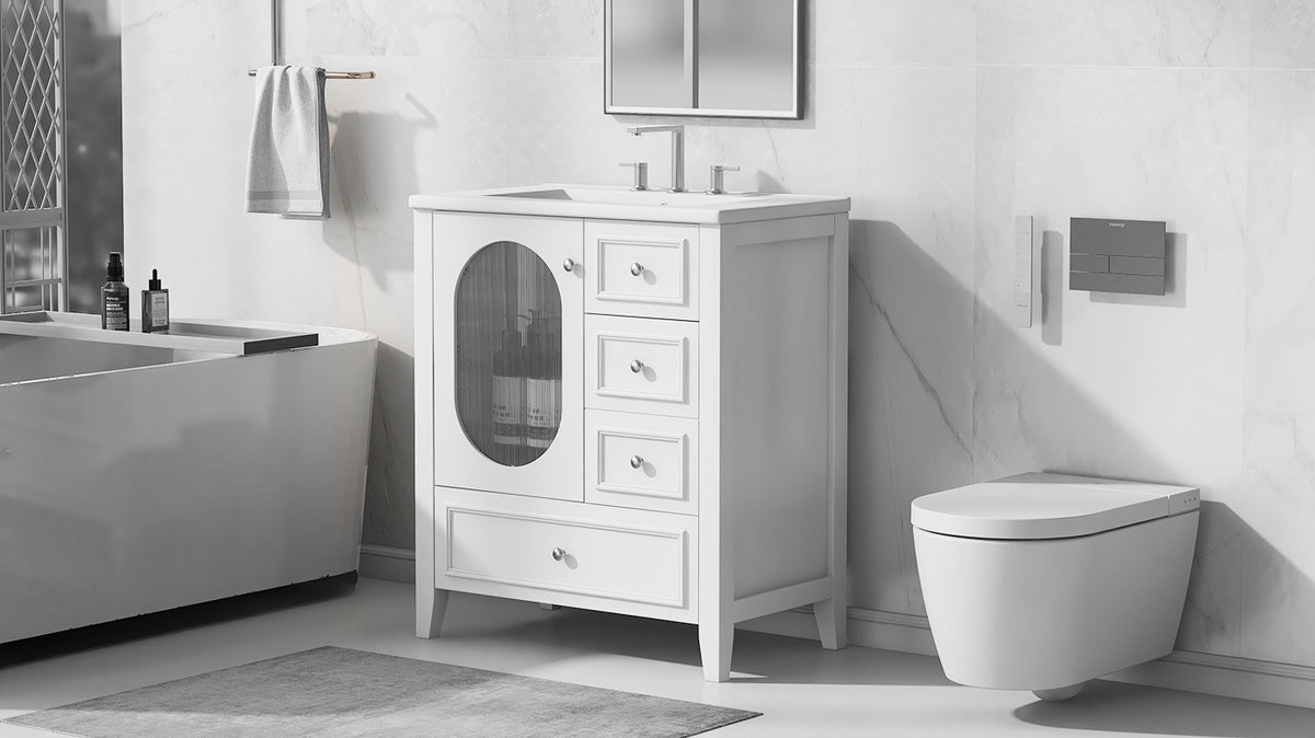 30" Bathroom Vanity with Sink, Bathroom Vanity Cabinet with Three Drawers and Door, Solid Wood and MDF, White - V.I.P Digital Presence