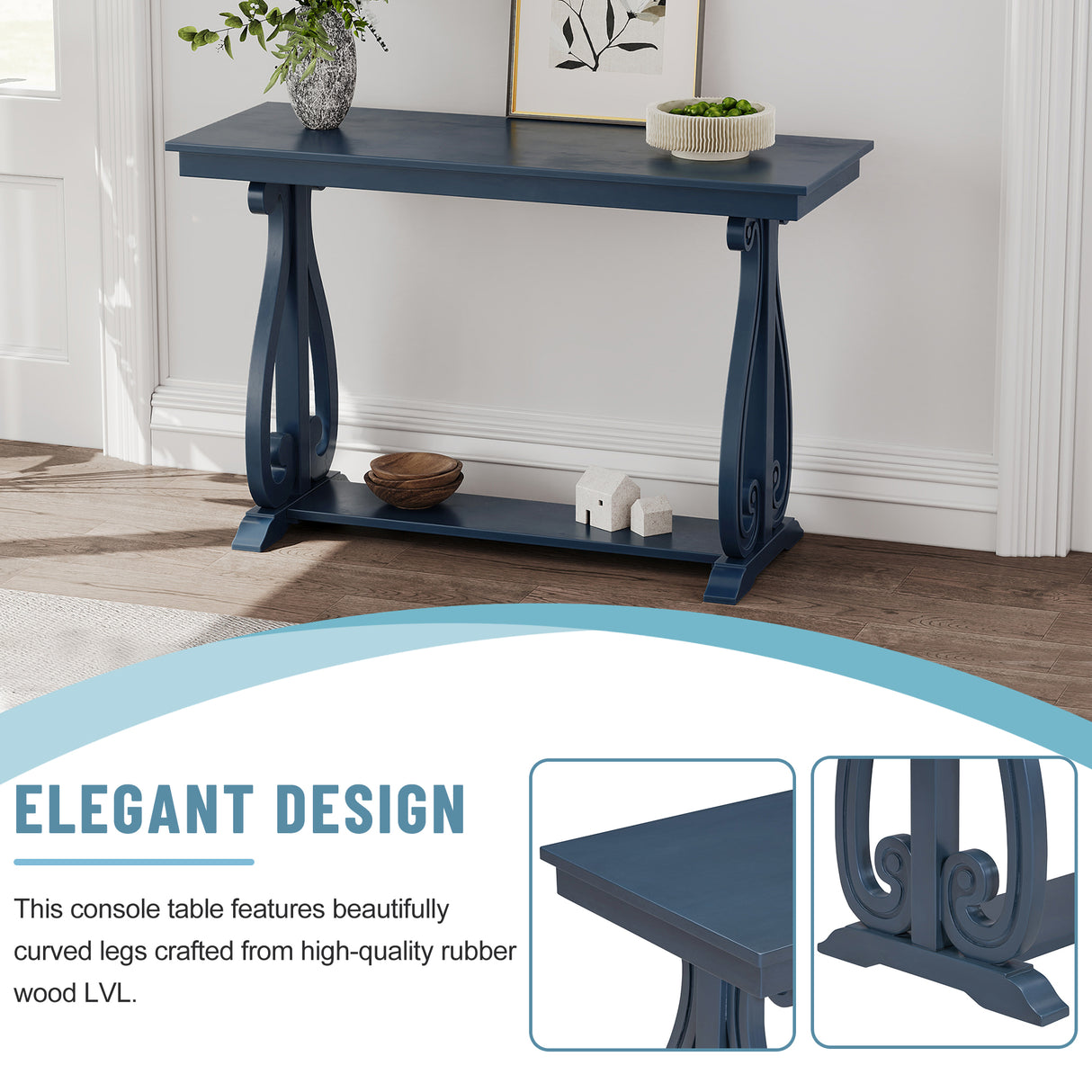 48-Inch Rustic Vintage Console Table --- Farmhouse Style Entryway Table with Open Shelf and Sturdy Construction (Navy) - V.I.P Digital Presence