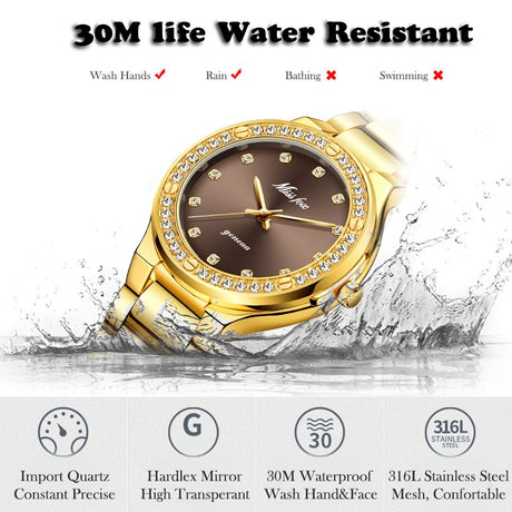 MISSFOX 2742 Elegant Woman Watch Luxury Brand Female Wristwatch Japan Movt 30M Waterproof Gold Expensive Analog Geneva Quartz Watch - V.I.P Digital Presence