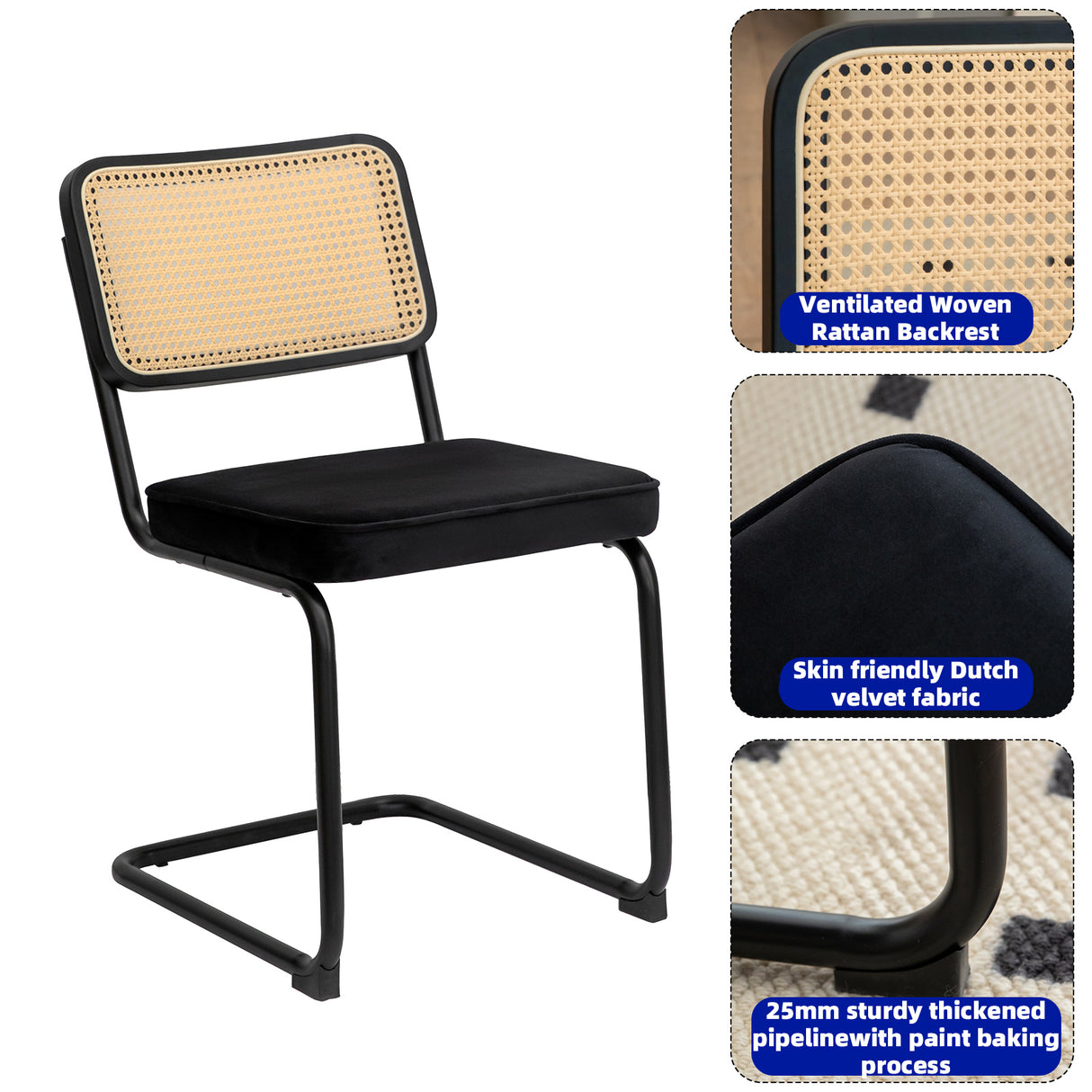 Dining Chairs Set of 2 velvet wicker side decorative chairs, black painted legs, modern medieval Bruell designed chairs, - V.I.P Digital Presence