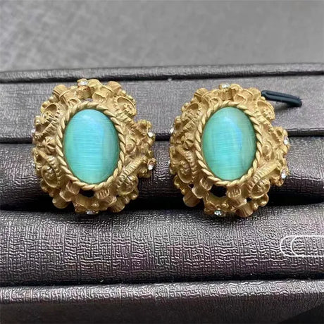 Vintage Metal Stud Earrings Natural Stone Opal Brass for Women Gold Color Jewelry New Elegant Travel Gift - V.I.P Digital Presence