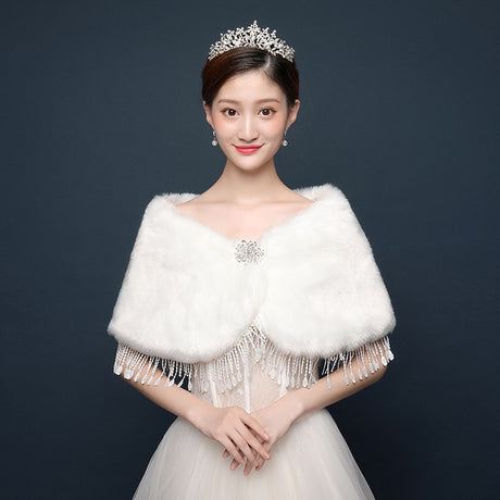 Bride's wedding dress fur shawl women's warm white cloak cheongsam jacket red cloak - V.I.P Digital Presence