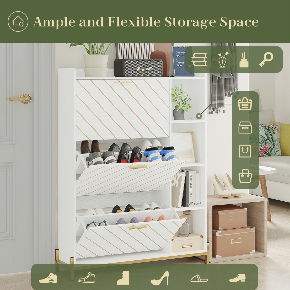 Shoe Cabinet with 3 Flip Drawers & Open Shelves, Modern Entryway Shoe Storage Cabinet Slim, Narrow Hidden Shoe Rack for Heels - V.I.P Digital Presence