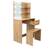 Vanity Desk Set Stool & Dressing Table with LED Lighting Mirror Drawer and Wood Cosmetic Table Chest of Drawers Nature Color - V.I.P Digital Presence