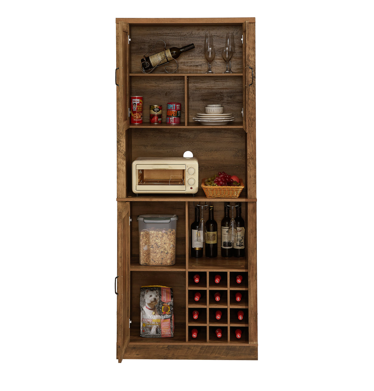 76-Inch Tall Rustic Oak Color Farmhouse Kitchen Faux Rattan Wine Cabinet, Kitchen Bar Cabinet with Square Compartments - V.I.P Digital Presence