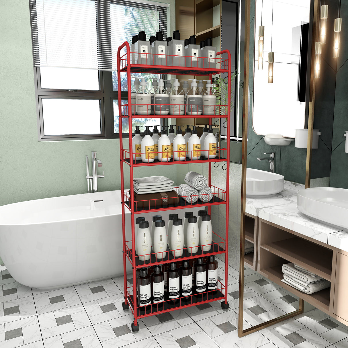 Red 6-story ultra-thin rolling storage cart, mobile shelves with wheels, metal wire storage rack with baskets - V.I.P Digital Presence