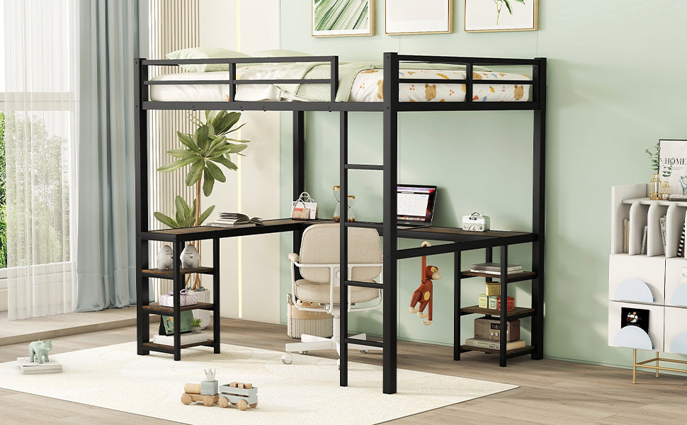Full Metal Loft Bed with Desk and Shelves, Loft Bed with Ladder and Guardrails, Loft Bed Frame for Bedroom, Black - V.I.P Digital Presence