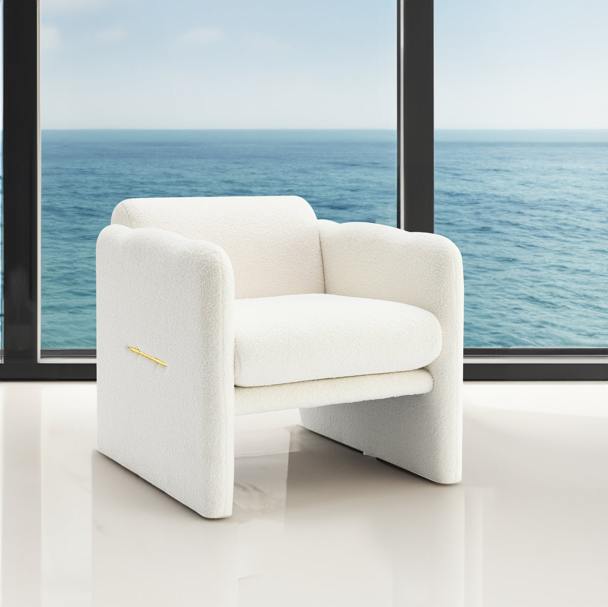 Armchair with wavy armrests, metal decorations on both sides of the armrests, made of Teddy cloth, white - V.I.P Digital Presence