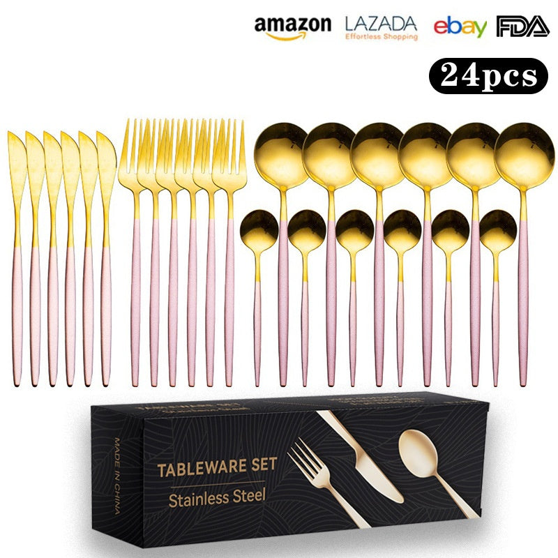 Cutlery Set Stainless Steel Knife Fork Set 24-Piece Tableware Set Golden Steak Knife Fork Spoon 6-Person Set - V.I.P Digital Presence
