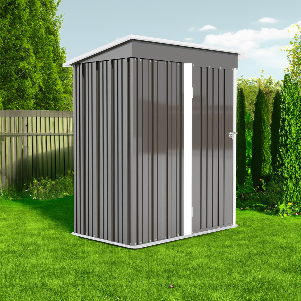 5 * 3FT outdoor storage shed, tool shed with sloping roof and lockable door, backyard garden metal shed, courtyard lawn, gray - V.I.P Digital Presence
