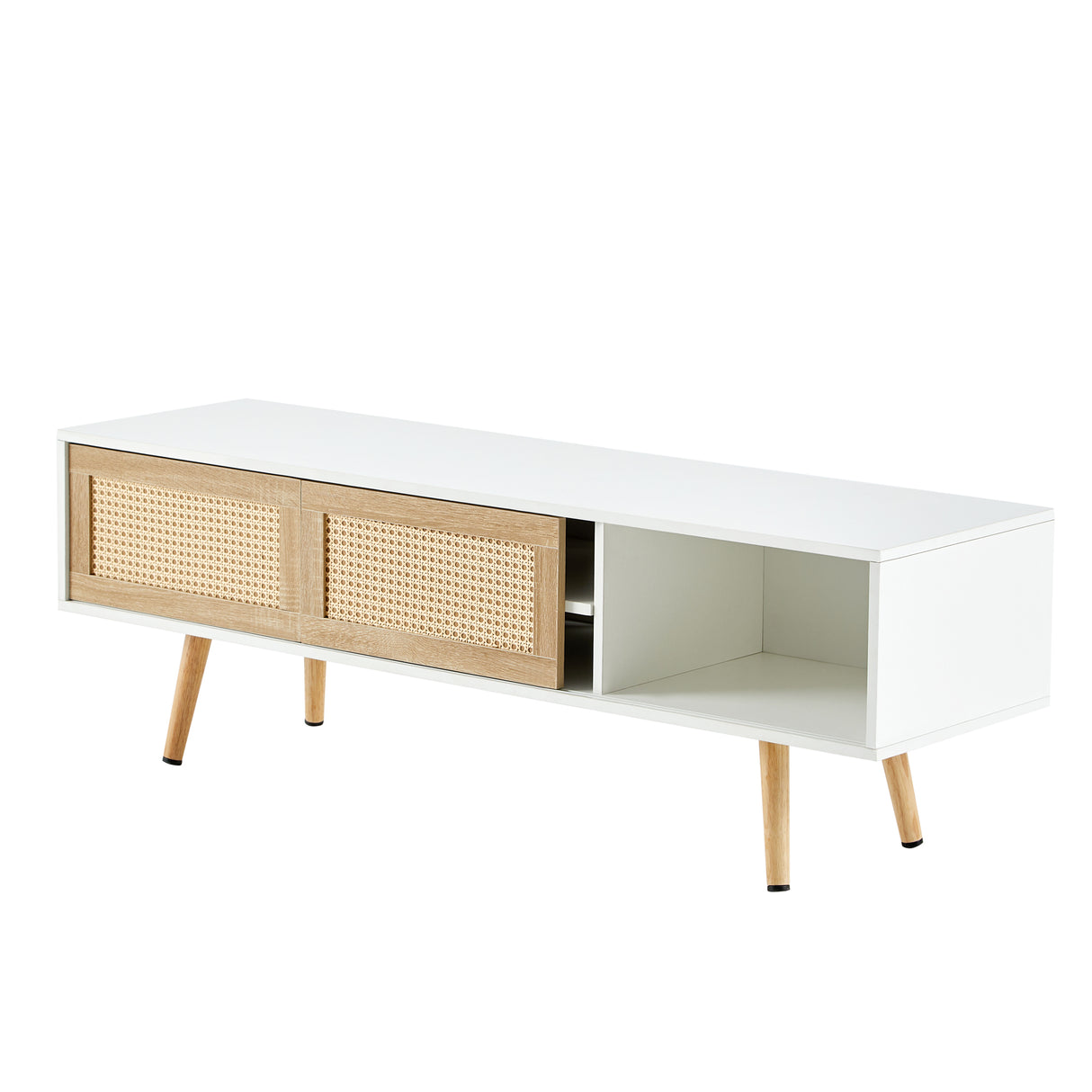 55.12" Rattan TV cabinet double sliding doors for storage adjustable shelf solid wood legs TV console for living room  White - V.I.P Digital Presence