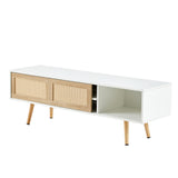 55.12" Rattan TV cabinet double sliding doors for storage adjustable shelf solid wood legs TV console for living room  White - V.I.P Digital Presence