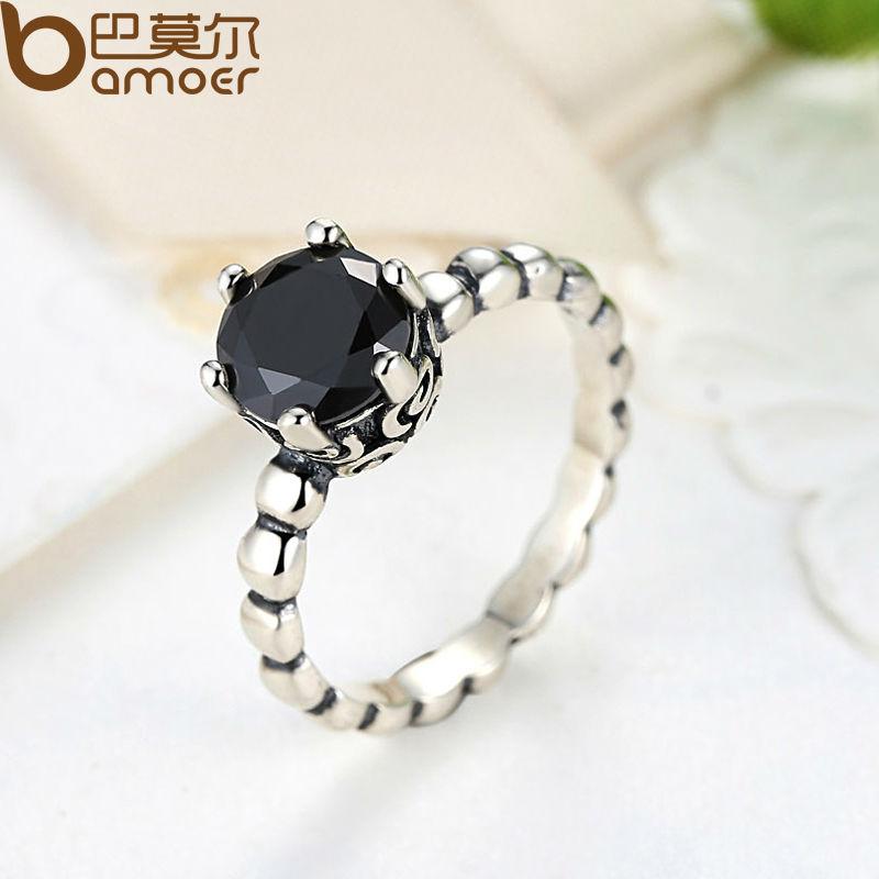 BAMOER Finger Ring with Black Cubic Zirconia Wedding Jewelry PA7205 - V.I.P Digital Presence