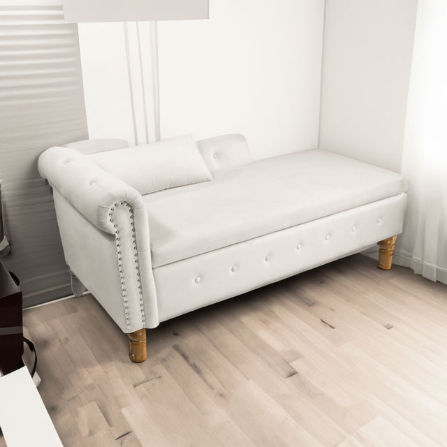 Beige Chaise Lounge Indoor Velvet Lounge Chair for Bedroom with Storage & Pillow Modern Upholstered Rolled Arm Chase Lounge - V.I.P Digital Presence