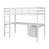 Twin Loft Wood Bed with Under-bed, Built-in Desk, a Storage Cabinet of 2 Drawers, Guardrails, Ladder,White - V.I.P Digital Presence