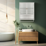 23.62"Glass Doors Modern Two-door Wall Cabinet with Featuring Two-tier Enclosed Storage an Open Shelf and Towel Rack