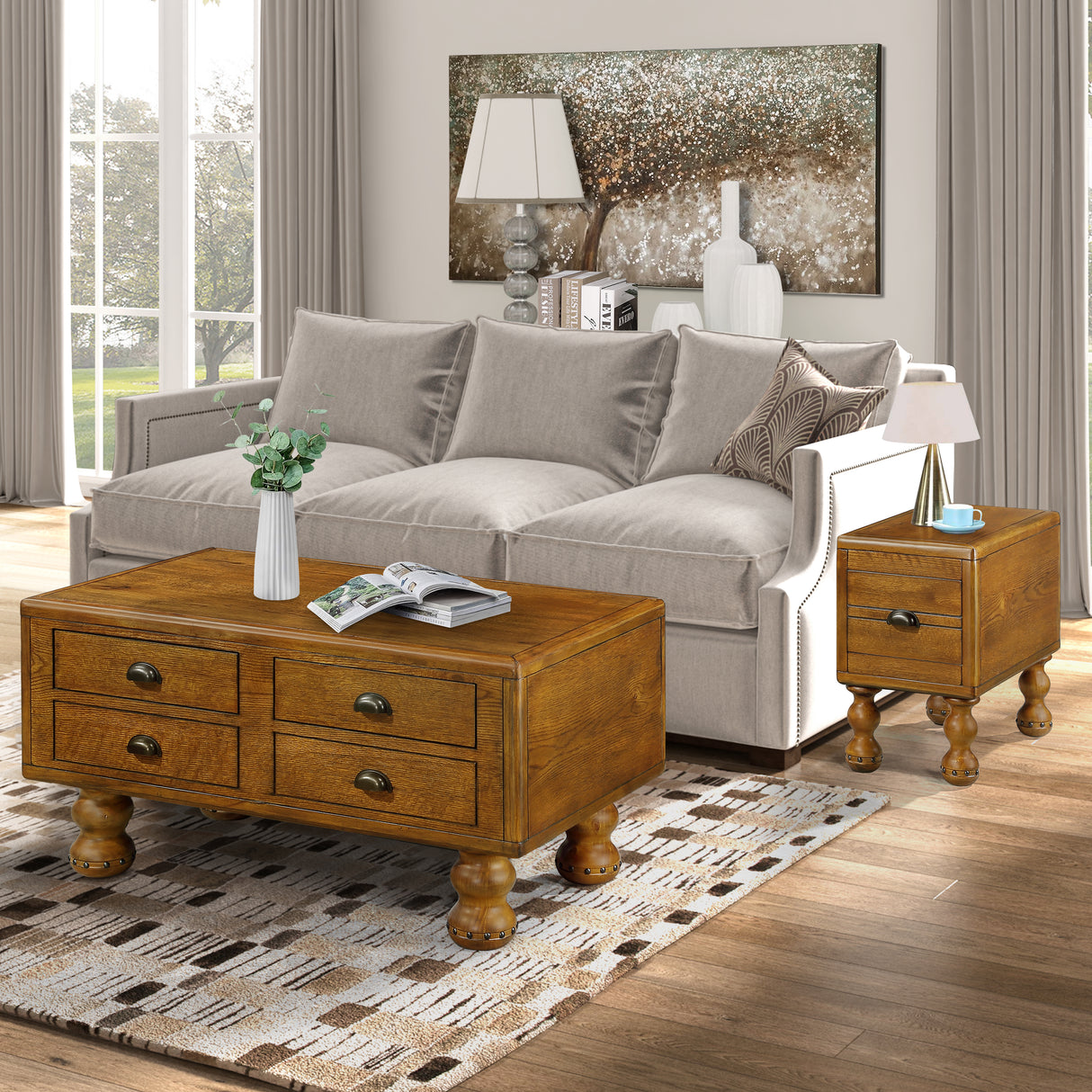 Solid wood end table, rectangular 23.6 inch narrow edge table with drawers, vintage bedside table， Antique Brown - V.I.P Digital Presence