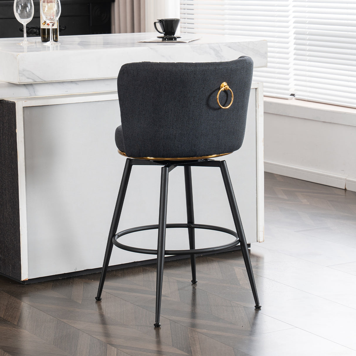 A set of 2 gray rotating bar stools - high backrest, adjustable, with elegant metal backrest decoration - V.I.P Digital Presence