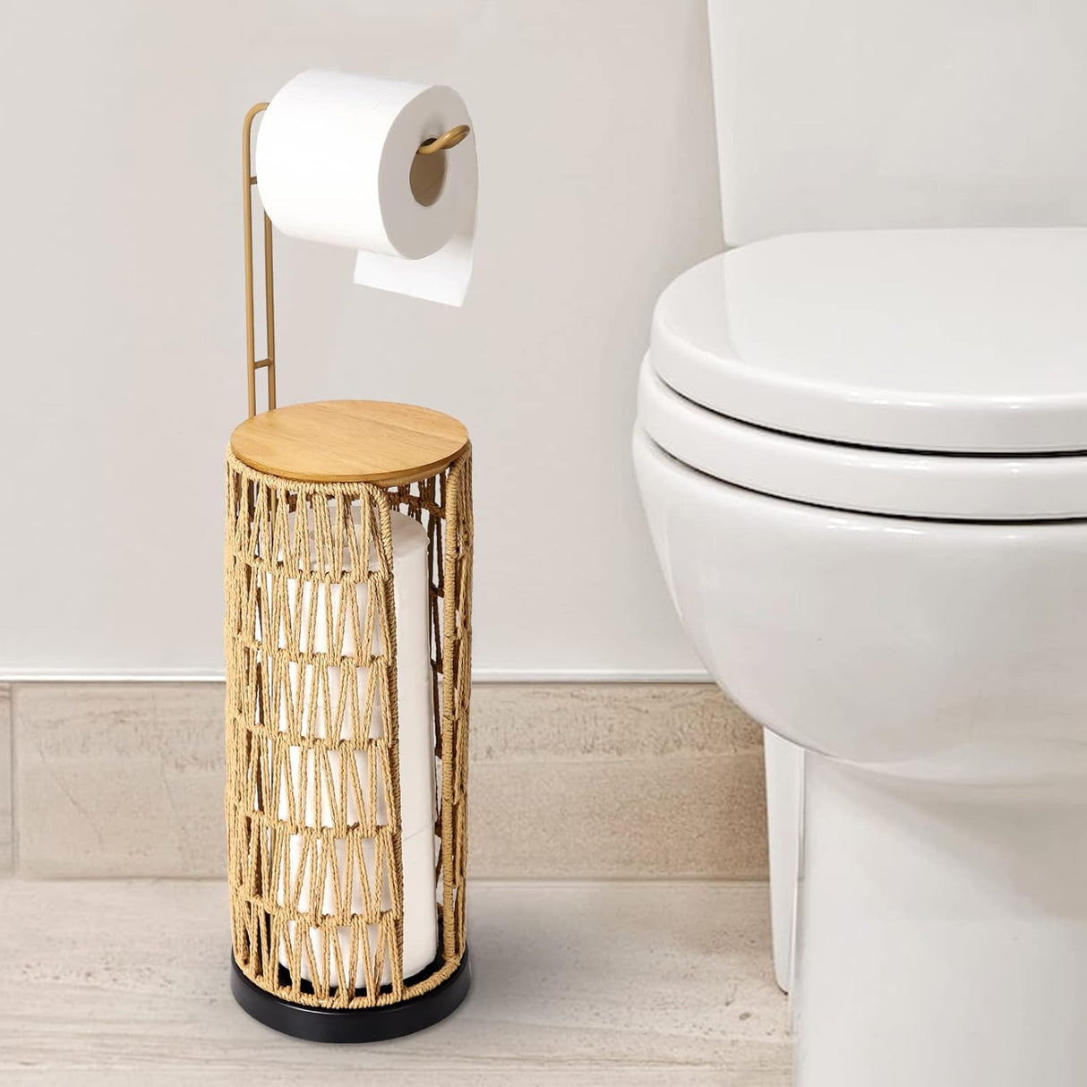 Freestanding Toilet Paper Holder with Storage 3 Rolls of Tissue Holder for Bathroom Handmade Woven Toilet Paper Roll Stand - V.I.P Digital Presence