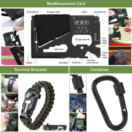 Military-grade outdoor travel survival kit with mini camping tools, emergency bracelet, whistle, blanket and knife. - V.I.P Digital Presence