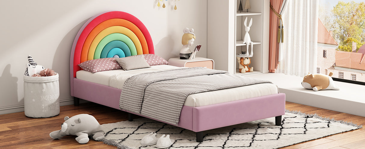 Rainbow Design Upholstered Twin Platform Bed Cute Style Princess Bed for Boys & Girls, Teens, Colorful & Pink - V.I.P Digital Presence