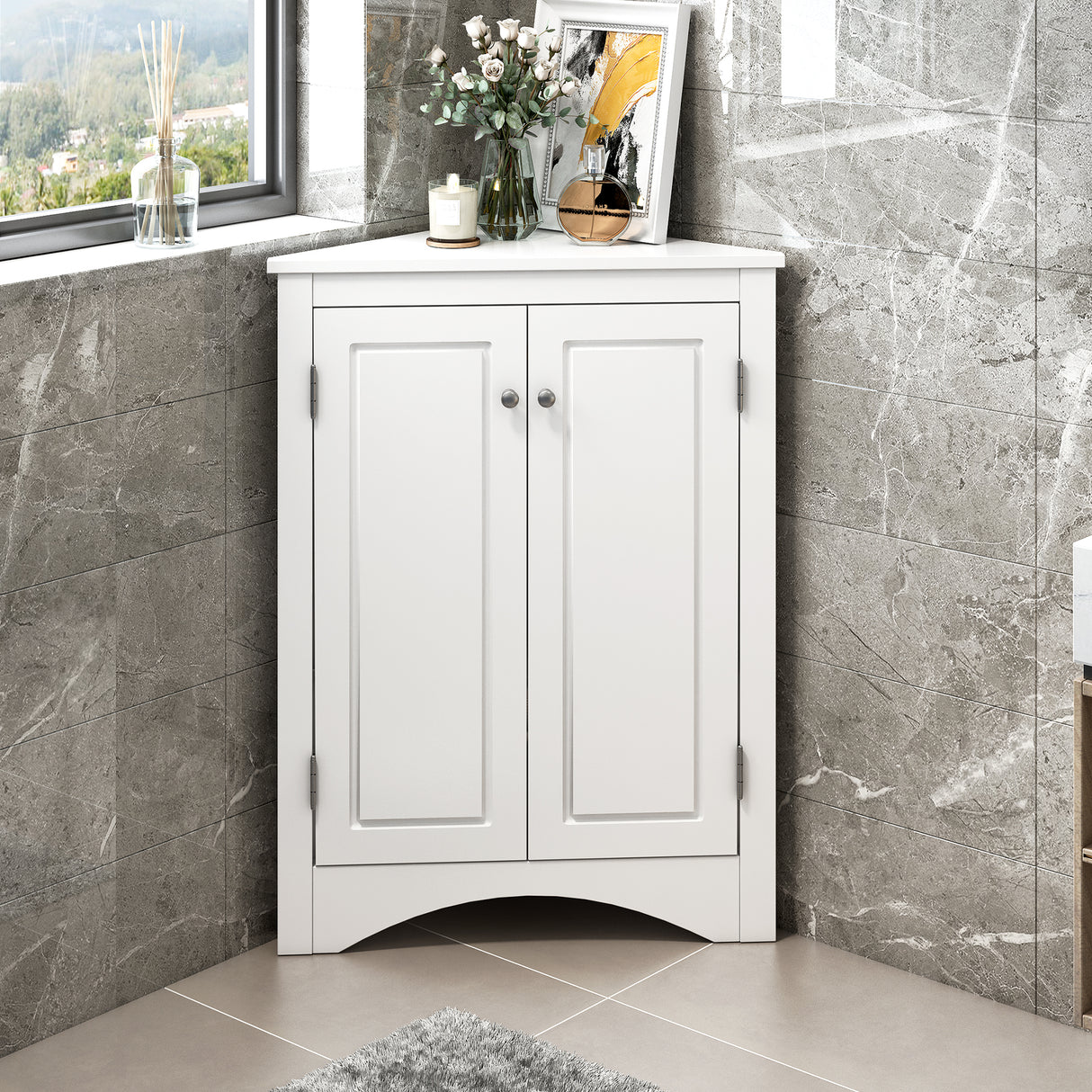White Triangle Bathroom Storage Cabinet with Adjustable Shelves, Freestanding Floor Cabinet for Home Kitchen - V.I.P Digital Presence