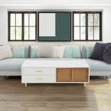 Modern White Coffee Table with 2 Glass Door Storage, 4 Drawers, Gold Metal Legs, and Multi-Color Lighting in 47.2' - V.I.P Digital Presence