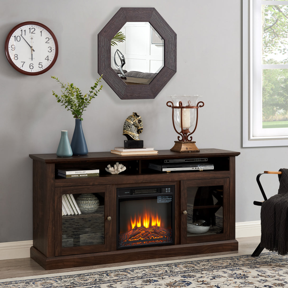 Contemporary TV Media Stand Modern Entertainment Console with 18" Fireplace Insert for TV Up to 65" with Open - V.I.P Digital Presence