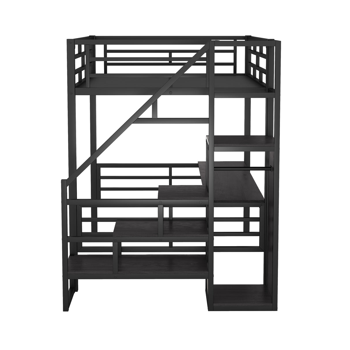 Full Size Metal Loft Bed with Desk, Storage Staircase and Small Wardrobe, Storage stairs can be installed left and right,Black - V.I.P Digital Presence