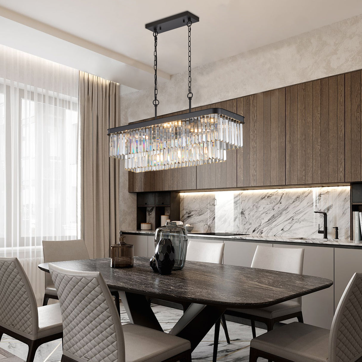 Chandeliers,Rectangular Crystal Chandelier Adjustable,E12 Modern Industrial Crystal Lights (Bulb Not Included) - V.I.P Digital Presence