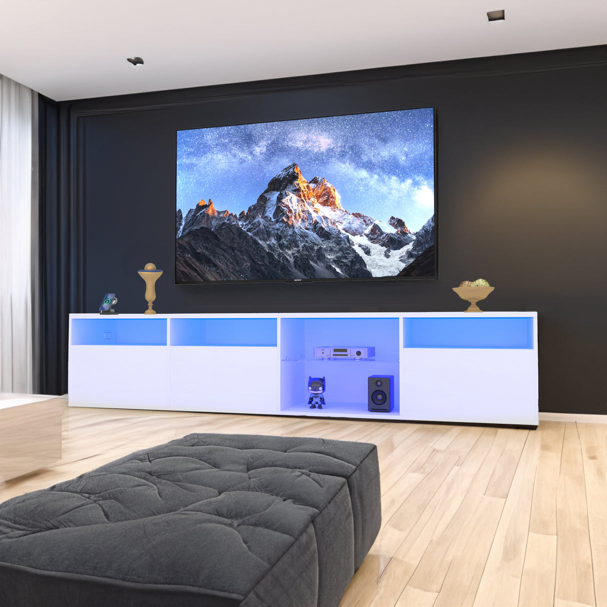 TV console with storage cabinet, 82.6-inch long LED TV stand with 31 mode switching lights (white, suitable for 75/80 inch TVs) - V.I.P Digital Presence