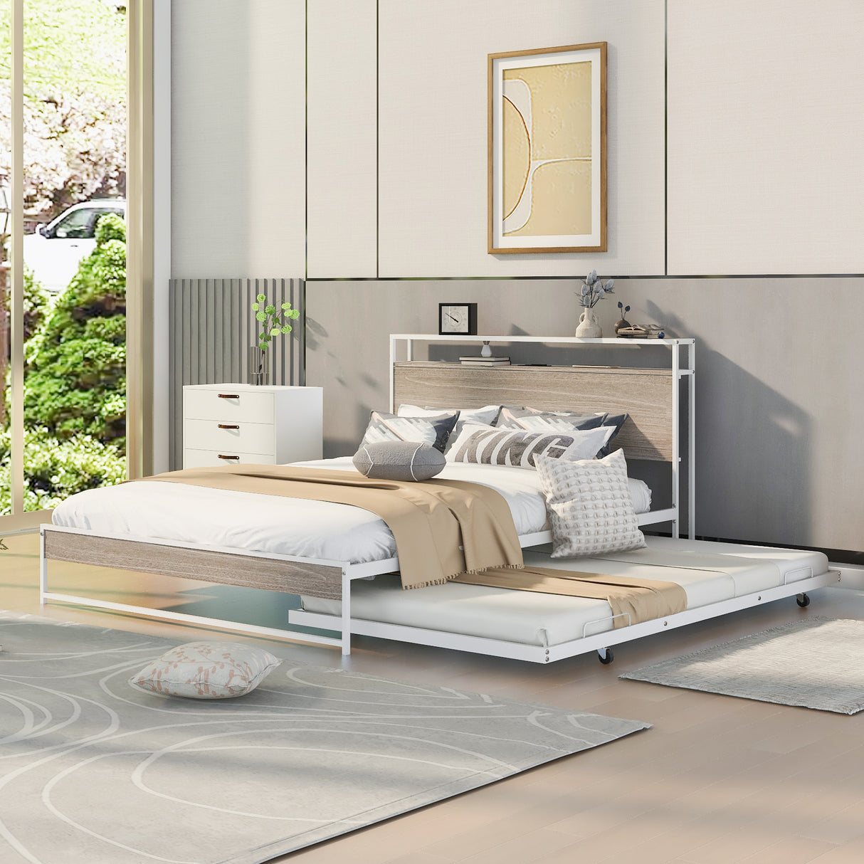 Queen Size Metal Platform Bed Frame with Trundle, USB Ports and Slat Support ,No Box Spring Needed White - V.I.P Digital Presence