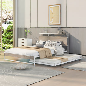 Queen Size Metal Platform Bed Frame with Trundle, USB Ports and Slat Support ,No Box Spring Needed White - V.I.P Digital Presence