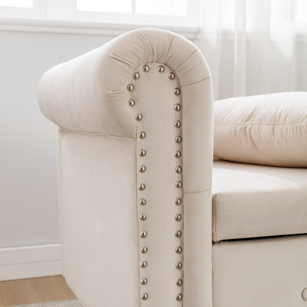 Beige Chaise Lounge Indoor Velvet Lounge Chair for Bedroom with Storage & Pillow Modern Upholstered Rolled Arm Chase Lounge - V.I.P Digital Presence