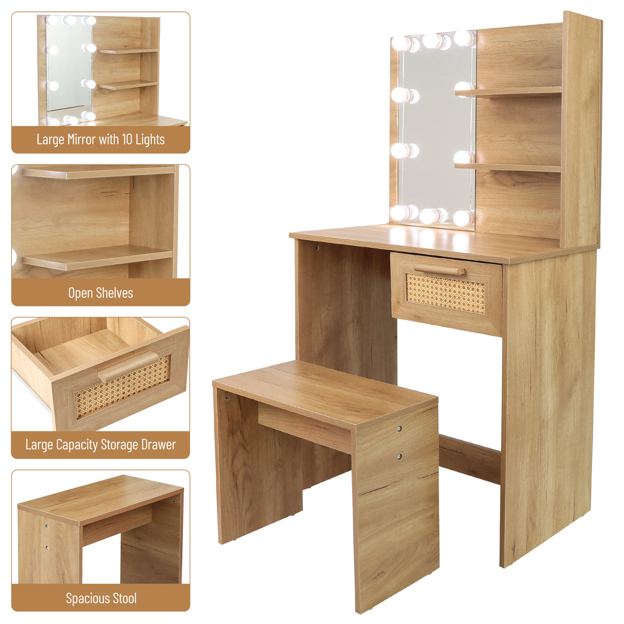 Vanity Desk Set Stool & Dressing Table with LED Lighting Mirror Drawer and Wood Cosmetic Table Chest of Drawers Nature Color - V.I.P Digital Presence