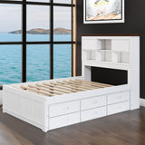 Solid Pine Captain Bookcase Bed with Trundle Bed and 3 Spacious Under Bed Drawers in Casual,Full, White+Walnut - V.I.P Digital Presence