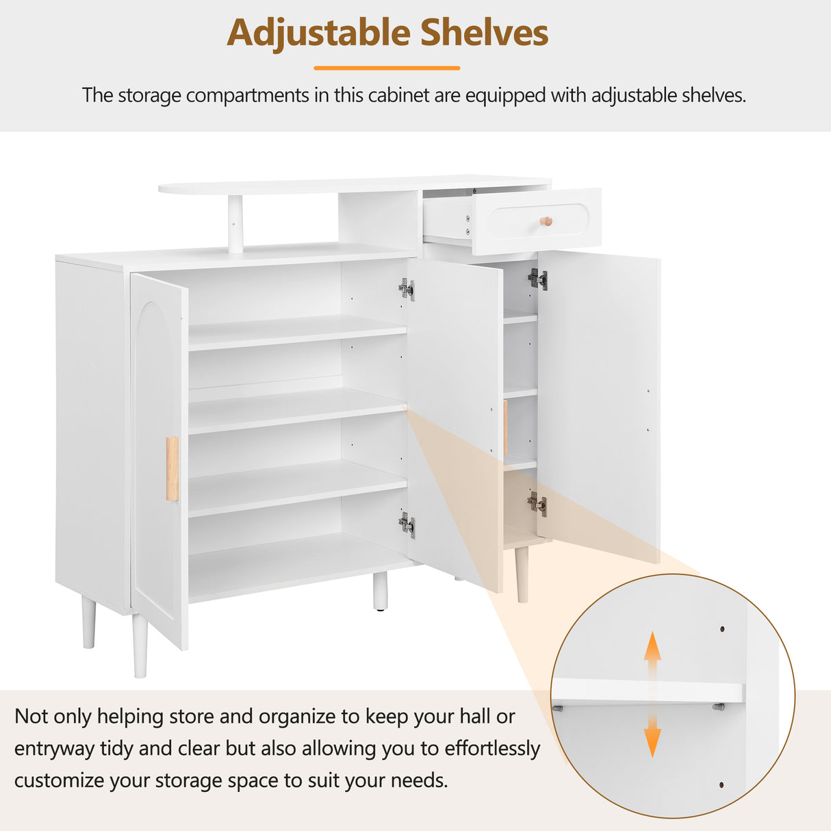 ON-TRANS Elegant Shoe Cabinet with Arched Doors and Drawers, Storage Side Panels, Adjustable Shelves and Solid Wood Legs, White - V.I.P Digital Presence