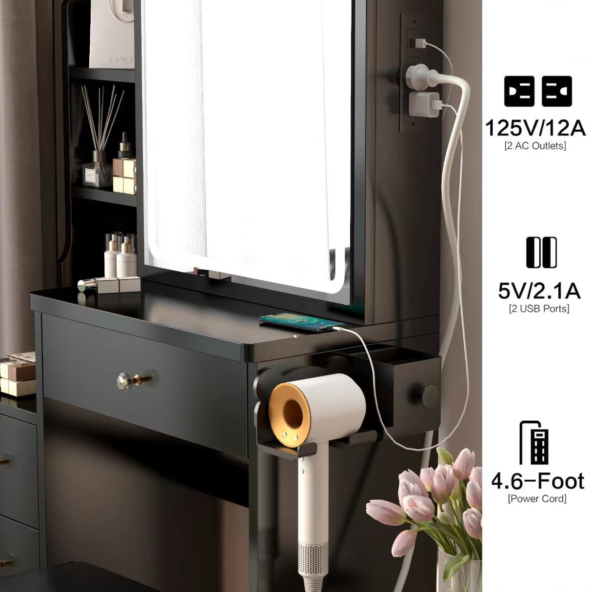 Dressing table+cushioned stool, 2 AC+2 USB power supplies, touch sliding LED mirror, tri color switch - V.I.P Digital Presence