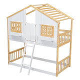 Twin over Twin House Bunk Bed with Roof , Window, Window Box, Door , with Safety Guardrails and Ladder, Natural/White - V.I.P Digital Presence