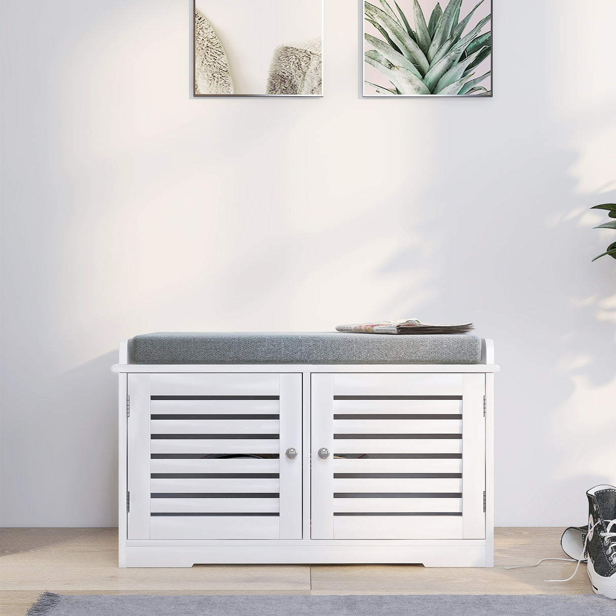 Shoe Storage Bench with Padded Seat Cushion, Entryway Bench with 2 Barn Doors-White - V.I.P Digital Presence