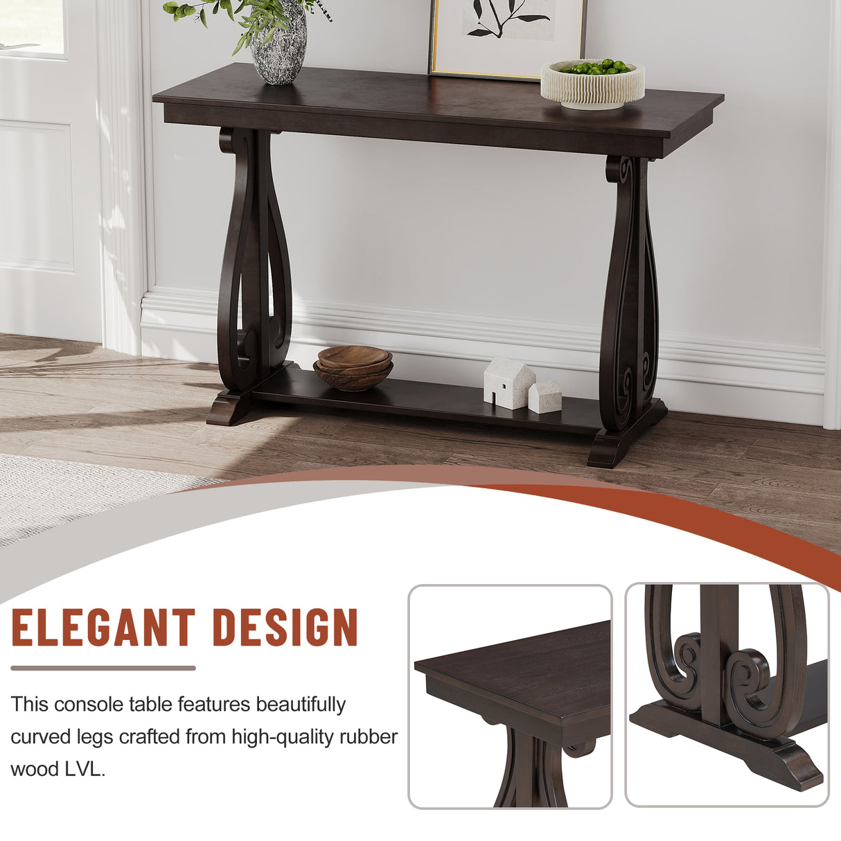 48-Inch Rustic Vintage Console Table --- Farmhouse Style Entryway Table with Open Shelf and Sturdy Construction  (Espresso) - V.I.P Digital Presence
