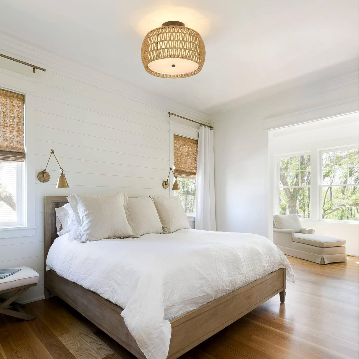 Boho Light Fixtures Ceiling Mount, Rattan Semi Flush Mount Ceiling Light, Farmhouse Light Fixtures with Fabric Shades - V.I.P Digital Presence