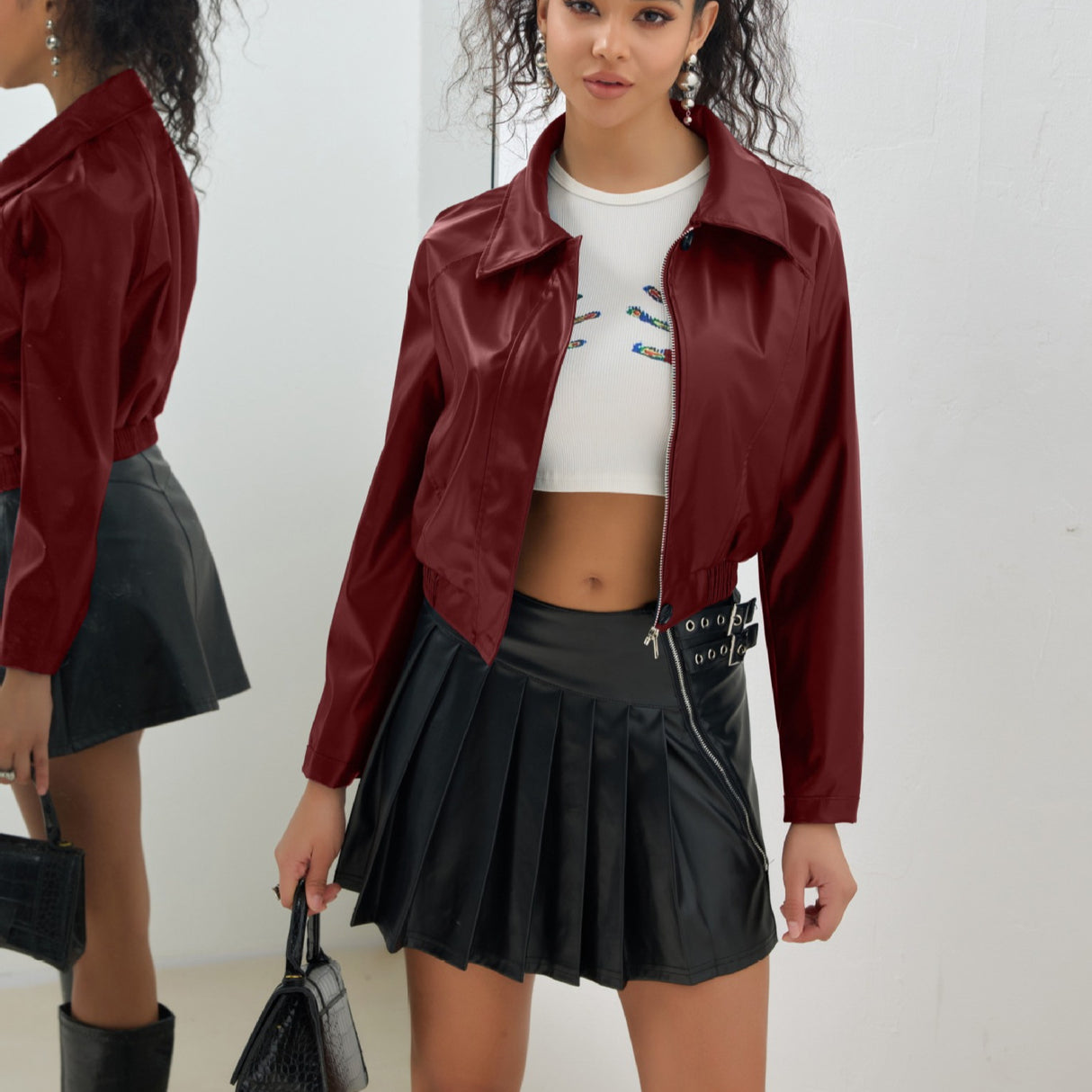 Women's Short Leather Jacket Retro Zipper PU American Casual Motorcycle Coat - V.I.P Digital Presence