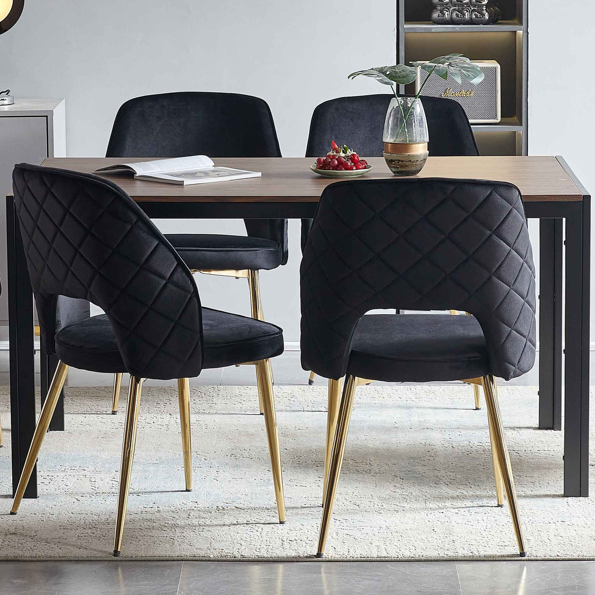 Black Velvet Dining Chairs with Metal Legs and Hollow Back Upholstered Dining Chairs Set of 4 - V.I.P Digital Presence