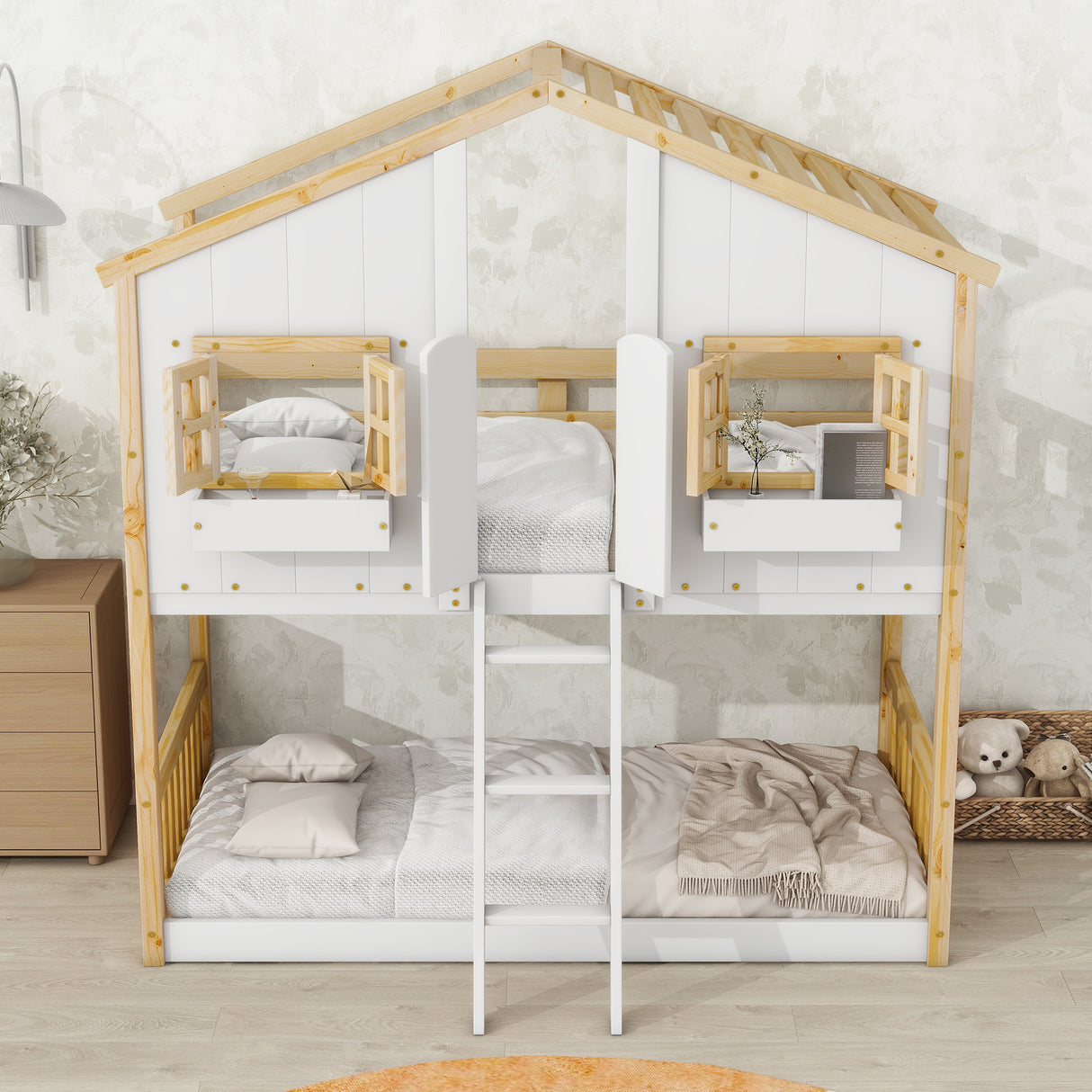 Twin over Twin House Bunk Bed with Roof , Window, Window Box, Door , with Safety Guardrails and Ladder, Natural/White - V.I.P Digital Presence