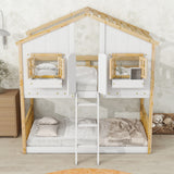 Twin over Twin House Bunk Bed with Roof , Window, Window Box, Door , with Safety Guardrails and Ladder, Natural/White - V.I.P Digital Presence