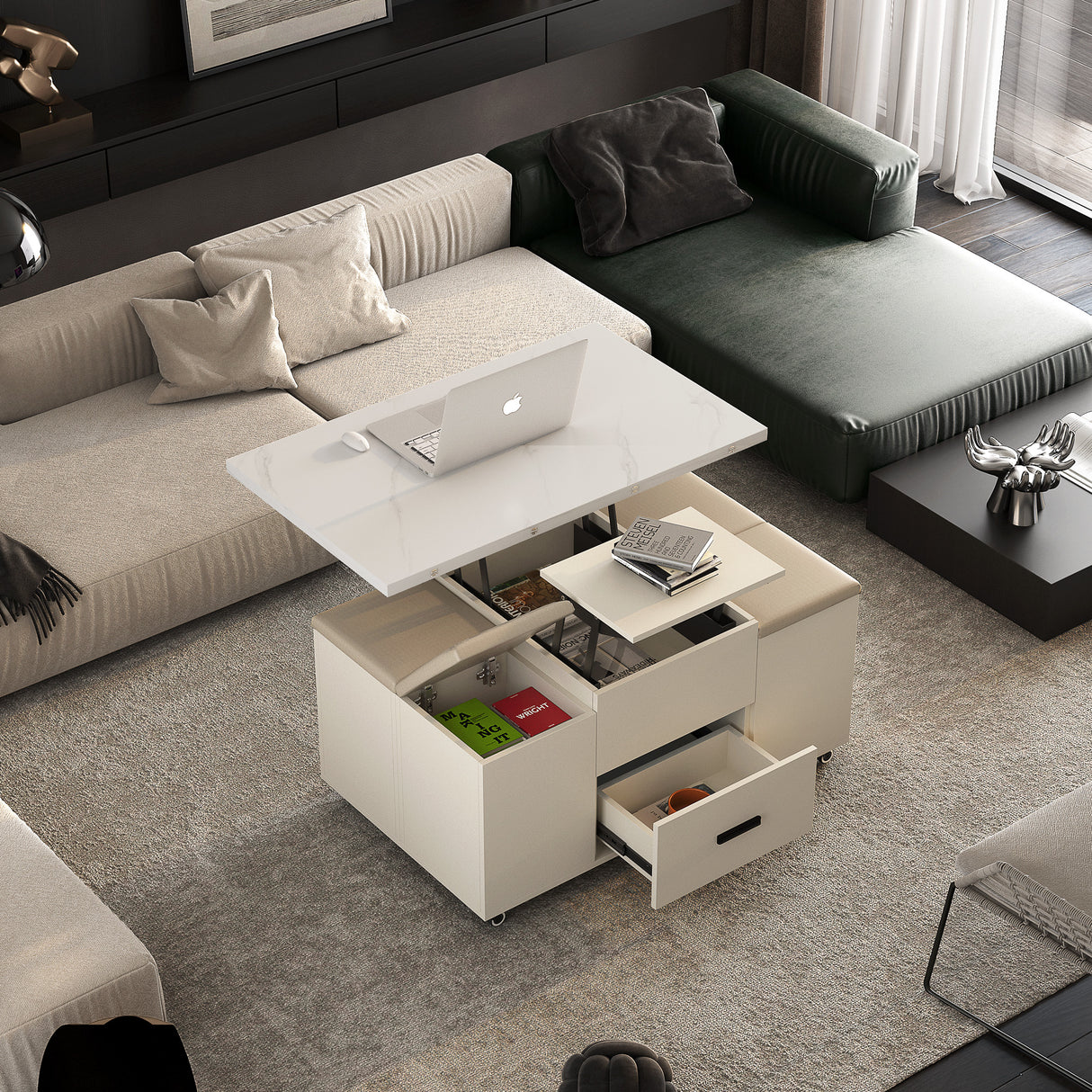 Modern lift coffee table, living room with 4 chairs, expandable 1 hidden storage space+2 drawers, folding dining table - V.I.P Digital Presence