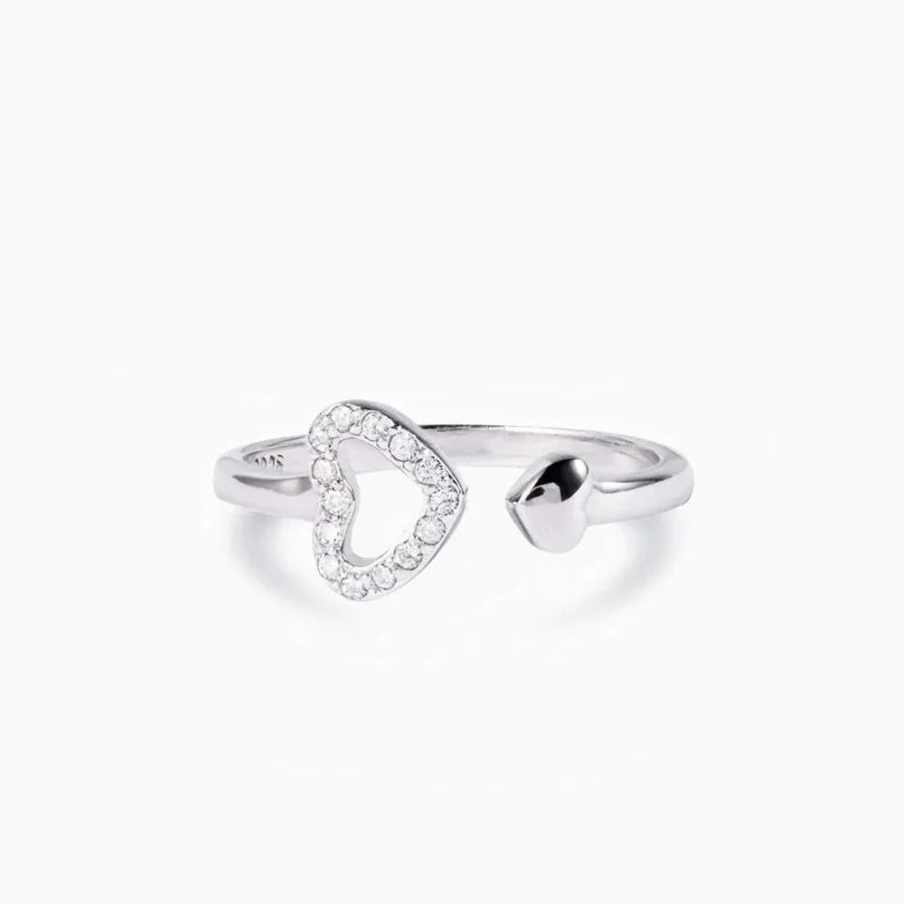 925 Sterling Silver Inlaid Zircon Heart Open Ring - V.I.P Digital Presence